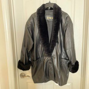 Vintage black leather coat with faux fur collar and cuffs